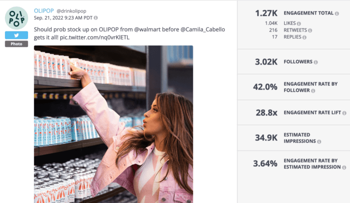 Celeb Camila Cabello reaching for a shelf of OLIPOP performed well on Health food social media