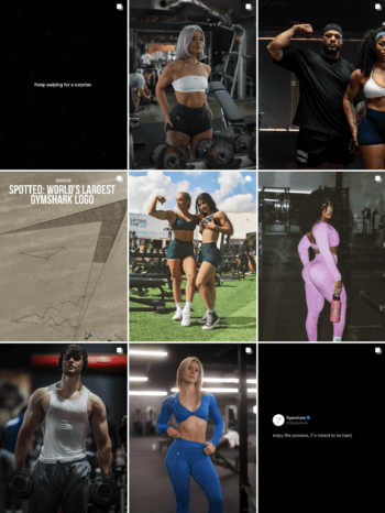 Instagram carousel by Gymshark featuring fitness influencers posing in workout gear,