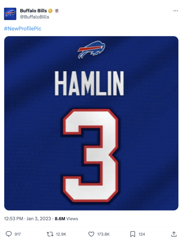 A tweet from football team Buffalo Bills which used the hashtag New Profile Pic as the caption along with an image of Damar Hamlin's jersey.