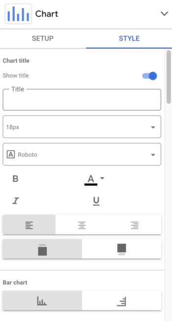 Google Looker Studio chart styling panel where users can adjust the title, font, size, and other styling options for the chart display.