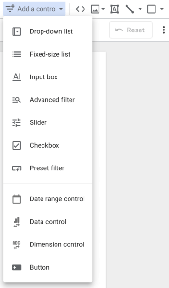Google Looker Studio control options, including dropdown lists, input boxes, advanced filters, sliders, and date range controls for customizing reports.