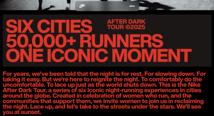 Nike After Dark Tour promotional graphic highlighting the event’s key message 'Six Cities, 50,000+ Runners, One Iconic Moment