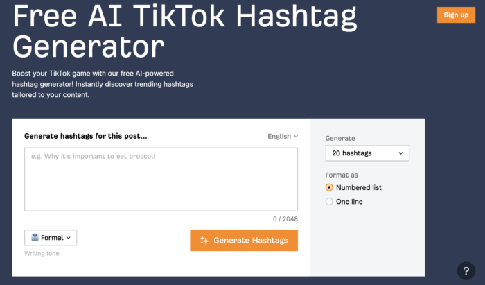 Screenshot of Ahref's free AI TikTok Hashtag Generator tool used to find the best TikTok hashtags based on post content and tone.